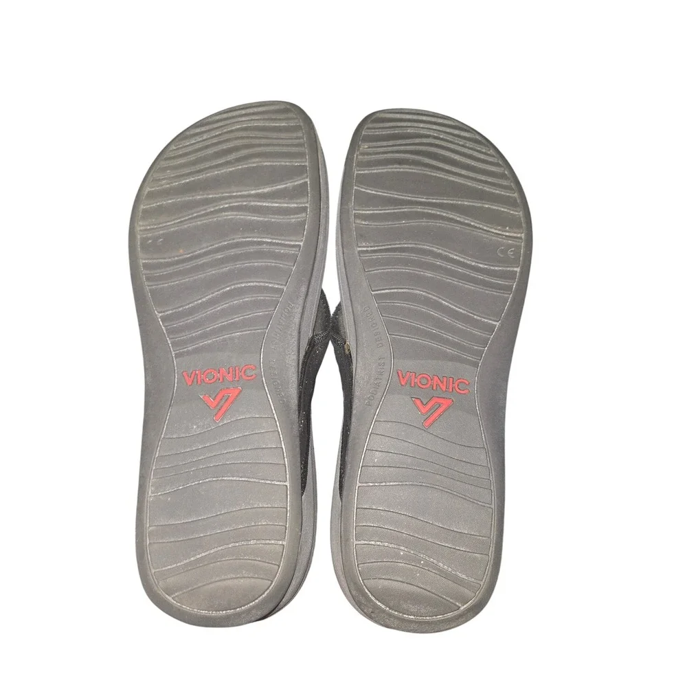 Vionic Hightide Flip Flops Womens 10 Black Metallic Platform Orthotic Thong READ